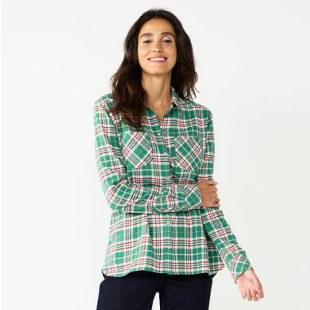 Croft & Barrow Extra Soft Green Red Plaid Button-Up Flannel Shirt Womens Large